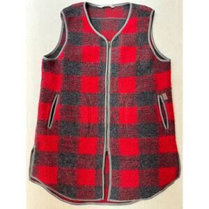 Woolrich Buffalo Plaid Wool Vest Red Gray Black Womens Long Tunic L Cabincore